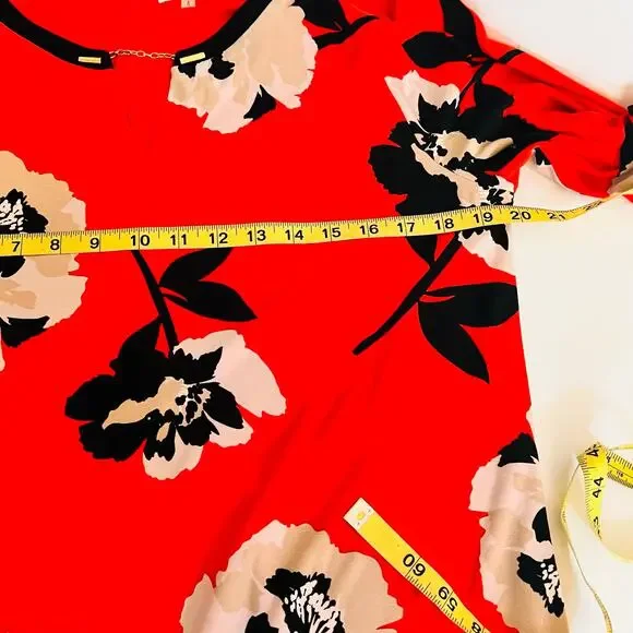 Calvin Klein Floral Printed Bell Sleeves Sheath Dress Size L Large Red Multi - Picture 4 of 6